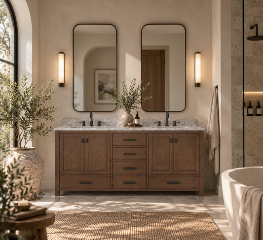 A double-sink Modero bathroom vanity 73 inch in a warm medium brown wood finish, featuring a white marble countertop, two large rectangular mirrors, and black faucets, set in a beautifully styled beige-toned bathroom.